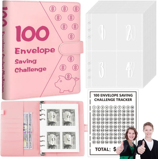 100 Envelopes Money Saving Challenge Binder, A5 Budget Binder with Cash Envelopes, Savings Challenges Budget Book to save $5,050, Budget Planner for Budgeting Planner Saving Money,Pink