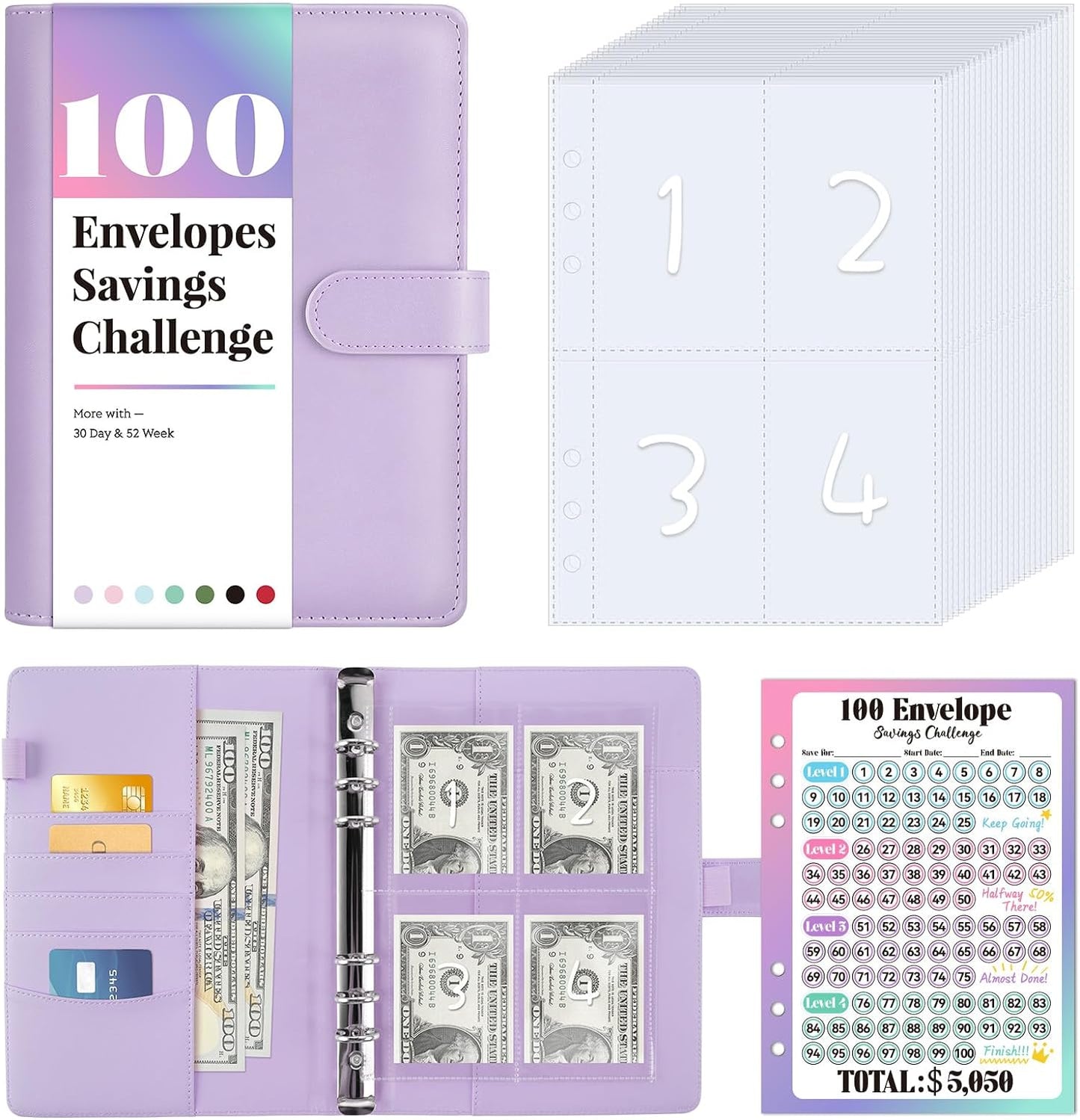 100 Envelopes Money Saving Challenge, Savings Challenges Book with Envelopes, Flexible Saving $5050, $2600, $300, Savings Binder with 100 Pocket Pre-Number & Reusable Laminated Tracker