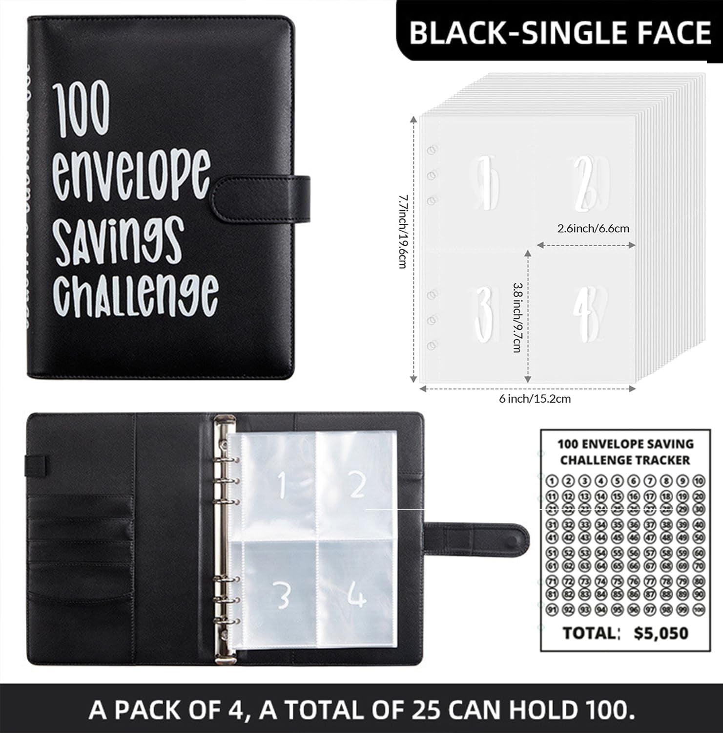 2PCS 100 Envelopes Money Saving Challenge, Envelopes Challenge Binder, Achieving Financial Goals with a Budget Binder and Cash Envelopes, Successfully Reach Your Savings Goals of $5,050 (Pink+Black)