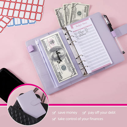 Budget Binder Cash Envelopes for Budgeting Money Organizer for Cash Money Envelopes for Cash Leather A6 Budget Binder with Zipper Envelopes (Purple)