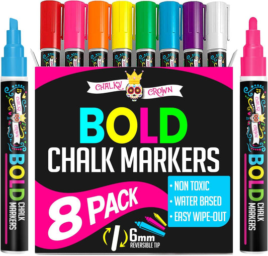 Bold Liquid Chalk Markers - Dry Erase Marker Pens for Chalkboards, Signs, Windows, Blackboard, Glass, Mirrors - Chalkboard Markers with Reversible Tip (8 Pack) - (Multicolored, 6Mm)