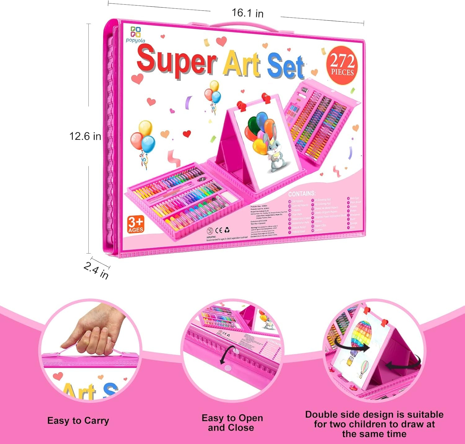 Art Supplies, 272 Pack Art Set Drawing Kit for Girls Boys Teens Artist, Deluxe Gift Art Box with Trifold Easel, Origami Paper, Coloring Book, Drawing Pad, Pastels, Crayons, Pencils, Watercolors(Pink)