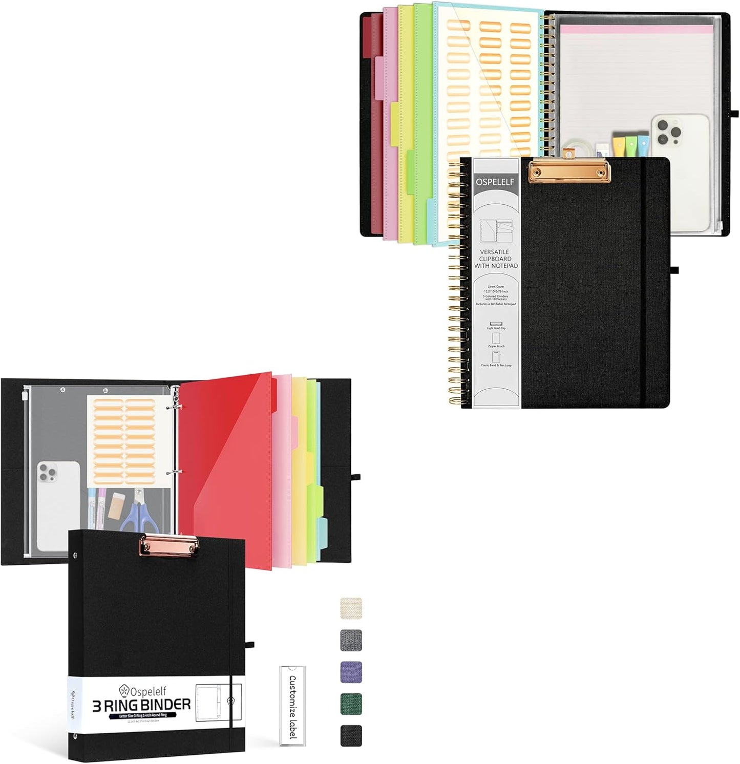 Foldable Spiral Clipboard Folio with Storage Zipper Pouch, 5 Plastic Folders with 10 Pockets,Refillable Lined Notepad (11" X 8.5"), Hardcover Project Organizer with 39 Stickers (Black)