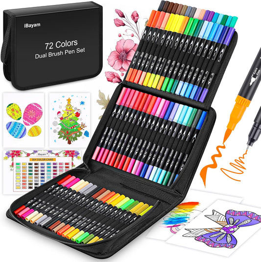 Art Markers Set, 72 Colors Dual Tip Brush Pens for Adult Coloring Book, Note-Taking, Calligraphy, Journaling, Sketching & Lettering, with Gift Case for Kids Adult Teens School Art Supplies