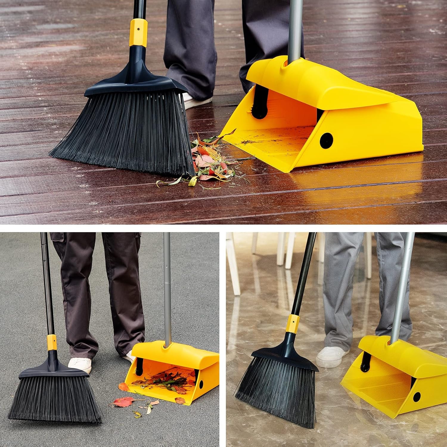 Commercial Broom and Dustpan Set with Windproof Cover Commercial Outdoor Indoor 2 plus 1 for Courtyard Garage Lobby Mall Market Floor Home Kitchen Room Office Pet Hair Rubbish