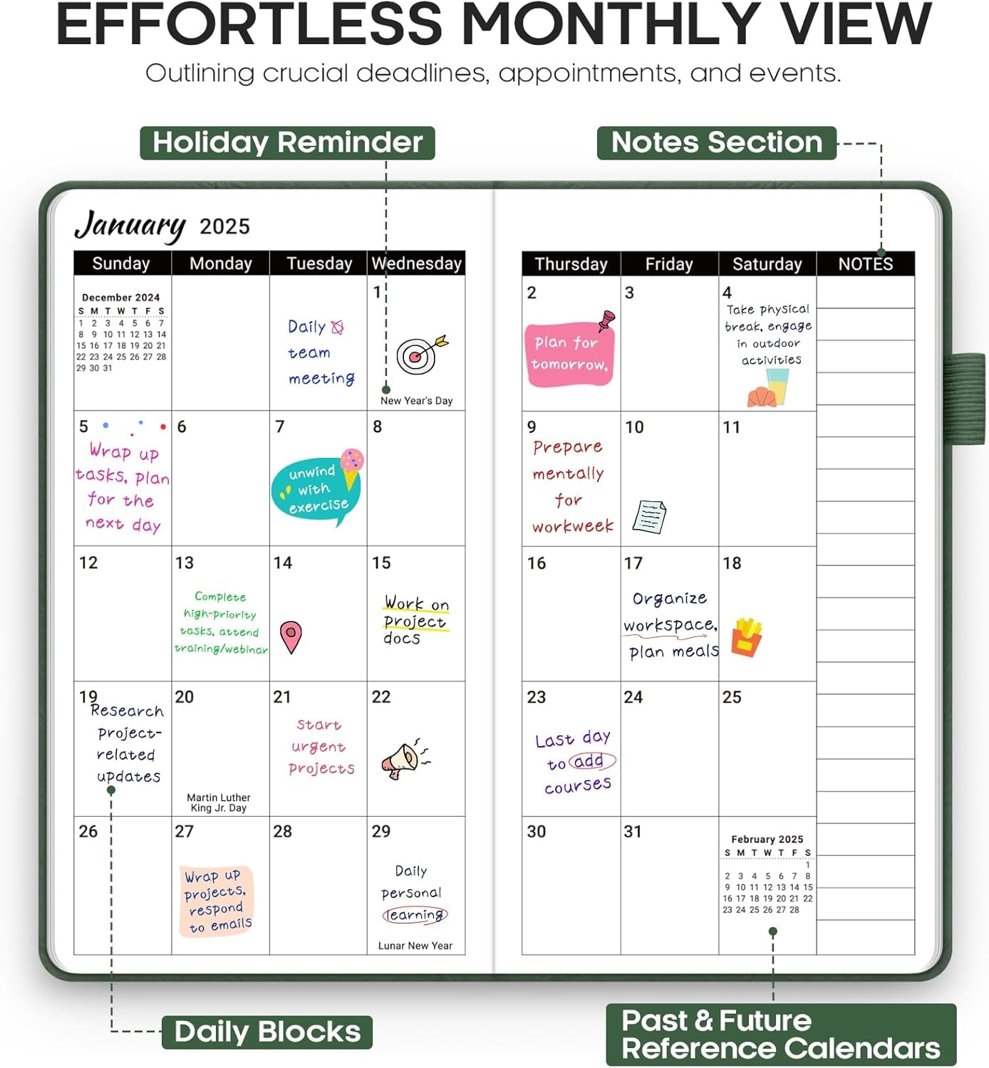 2025 Pocket Planner, Weekly and Monthly Planner Runs from Jan 2025 to Dec 2025, Hardcover 2025 Calendar Planner Book with Tabs, Inner Pocket, Ideal for Office Home School Supplies, A6 Pocket Purse Mini Size (3.8" X 6.6") - Green