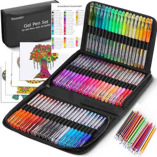 Glitter Gel Pens for Adult Coloring Books, Back to School Supplies, 120 Pack-60 Glitter Pens, 60 Refills and Travel Case, 40% More Ink Markers Set for Drawing Doodling Journaling Art Supplies