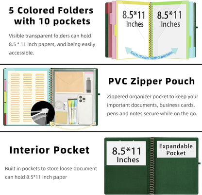 Foldable Spiral Clipboard Folio with Storage Zipper Pouch, 5 Plastic Folders with 10 Pockets,Refillable Lined Notepad (11" X 8.5"), Hardcover Project Organizer with 39 Stickers (Dark Green)