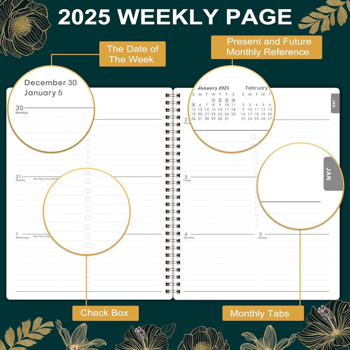 2025 Planner - 2025 Planner Weekly and Monthly from January 2025 to December 2025, 8" X 10", Weekly Planner 2025 with Flower Cover, Green