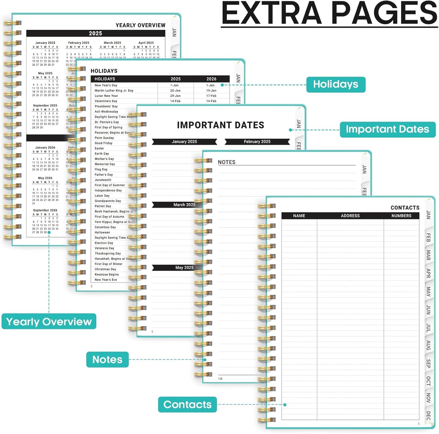 2025 Planner - Weekly and Monthly Planner Spiral Bound, January 2025 - December 2025, Hardcover 2025 Calendar Planner Book with Tabs, Inner Pocket, Perfect for Office Home School Supplies - A5 (6.3" X 8.5"), Aquamarine