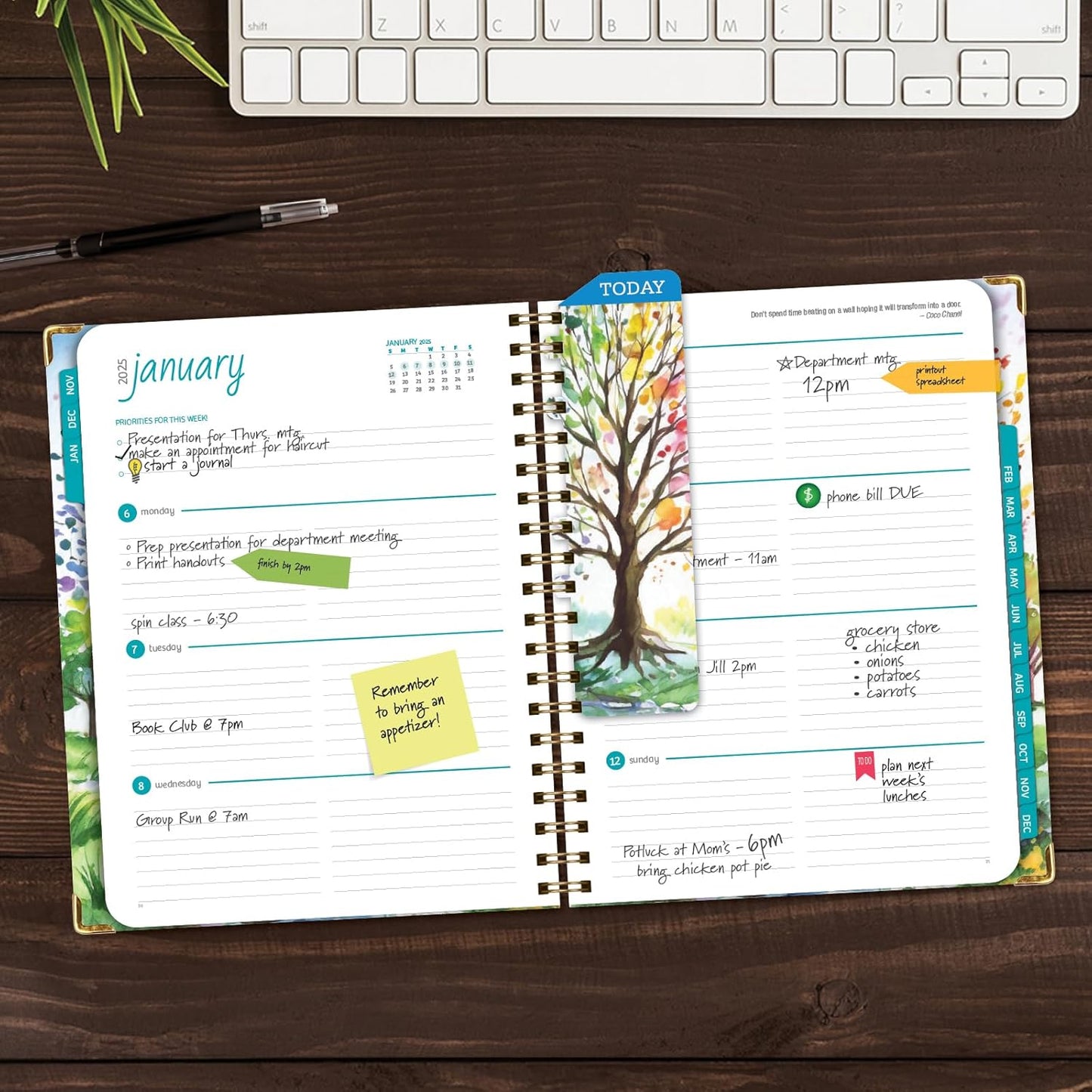 HARDCOVER 2025 Planner, 7"X9": 14 Months (November 2024 - December 2025), Daily Weekly Monthly Planner, Yearly Agenda, Bookmark, Pocket Folder and Sticky Note Set (Tree Seasons)