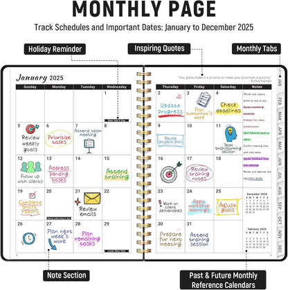 2025 Planner, Weekly and Monthly Calendar Planner Book (Jan 2025 - Dec 2025), Hardcover Planner 2025 with Tabs, Inner Pocket, Ideal Office Home School Supplies - A5 (6.3" X 8.5"), Spiral Bound, Black